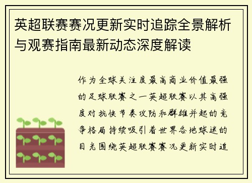 英超联赛赛况更新实时追踪全景解析与观赛指南最新动态深度解读